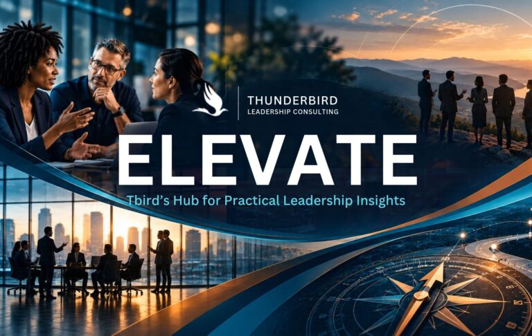 Colorful collage of accent colors and groups of leaders with a wayfinding compass
