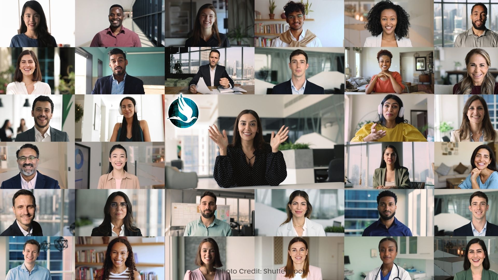 Zoom out collage of numerous head shots of diverse group of people. Portraits of various ages, genders, and ethnicity individuals smiling, looking at camera, posing in offices and home environments