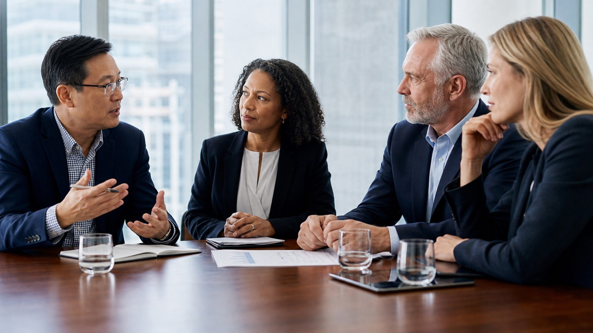 Four leaders in conversation around a conference table during a leadership discussion.