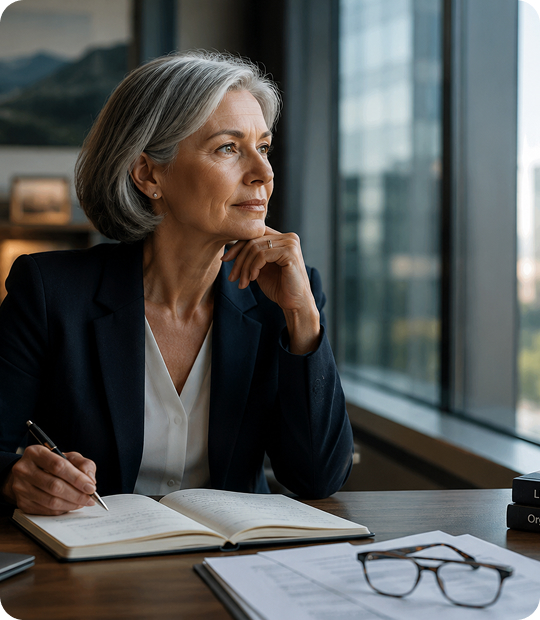 Executive reflecting beside an open notebook at her desk.