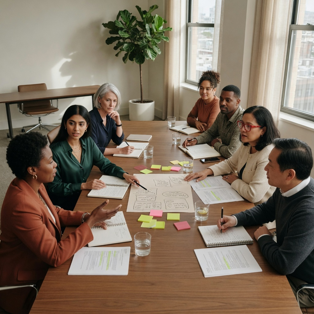 Executive leadership team discusses organizational priorities around a conference table, reviewing notes and a shared diagram.