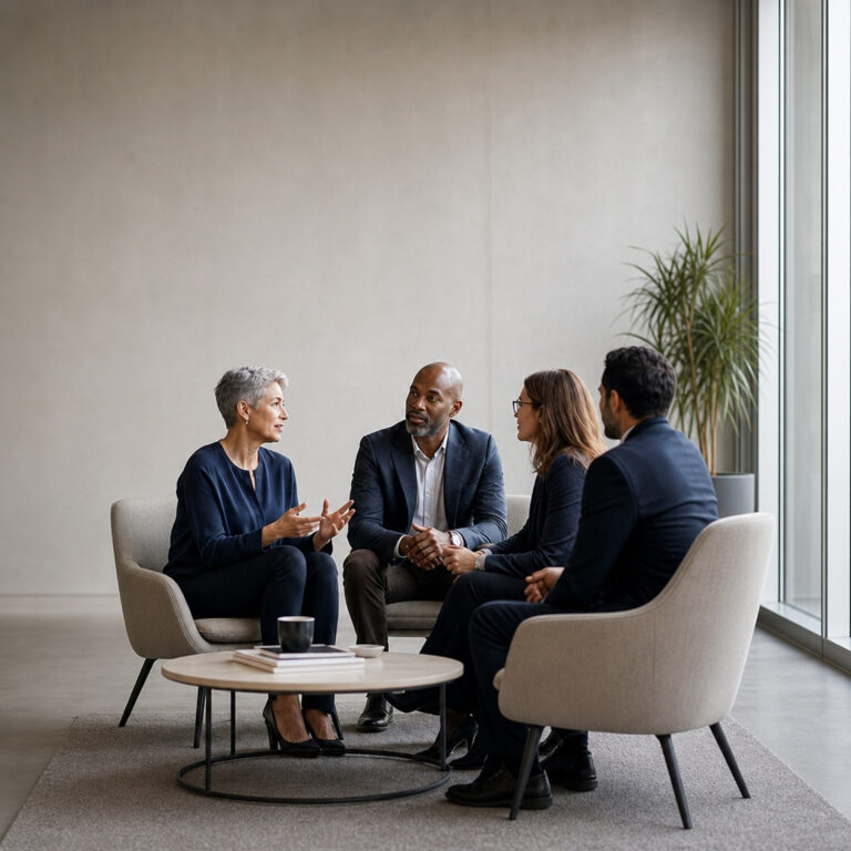 Four leaders in conversation around a table in a bright meeting space.