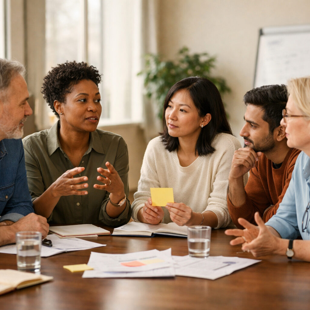 Leadership team in conversation around a table during a facilitated working session.