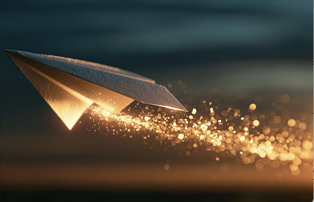 Thunderbird Laureates of Leadership paper airplane illuminated by a trail of golden light