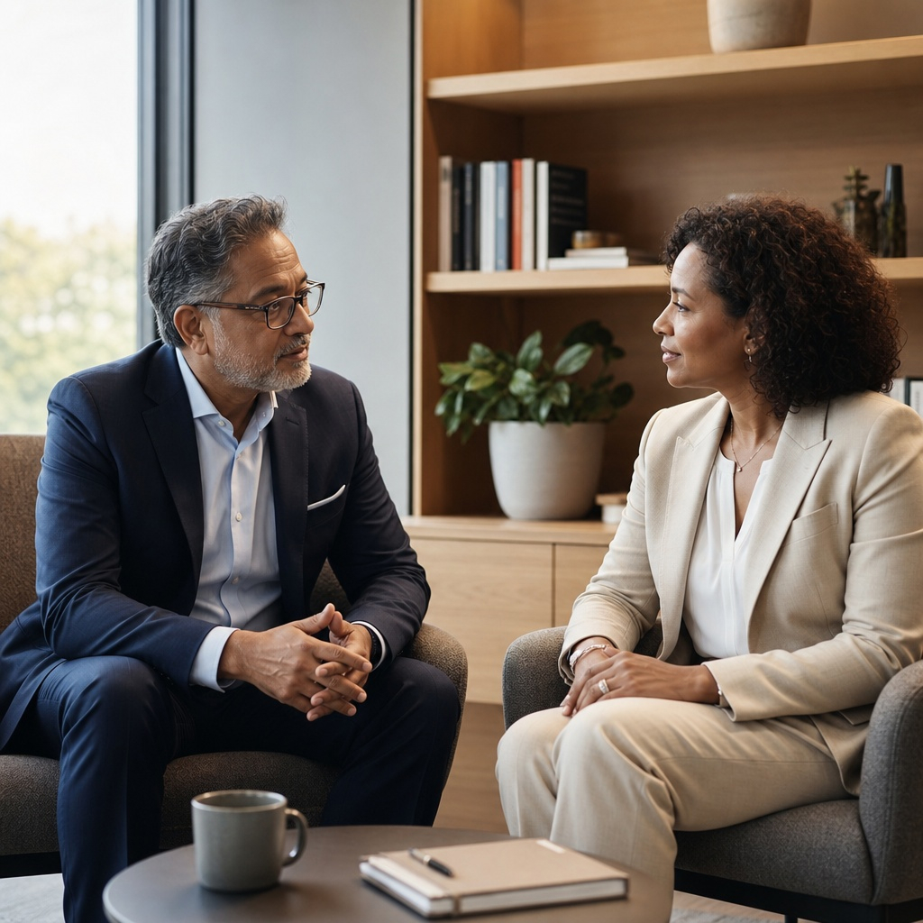 Two leaders in a focused one-on-one workplace conversation.