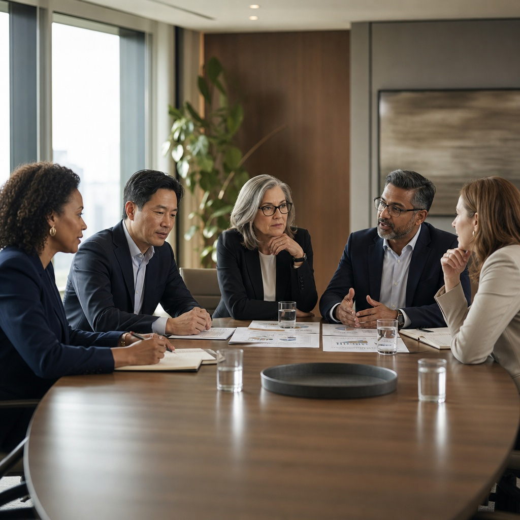 Executive team discussing accountability around a conference table.