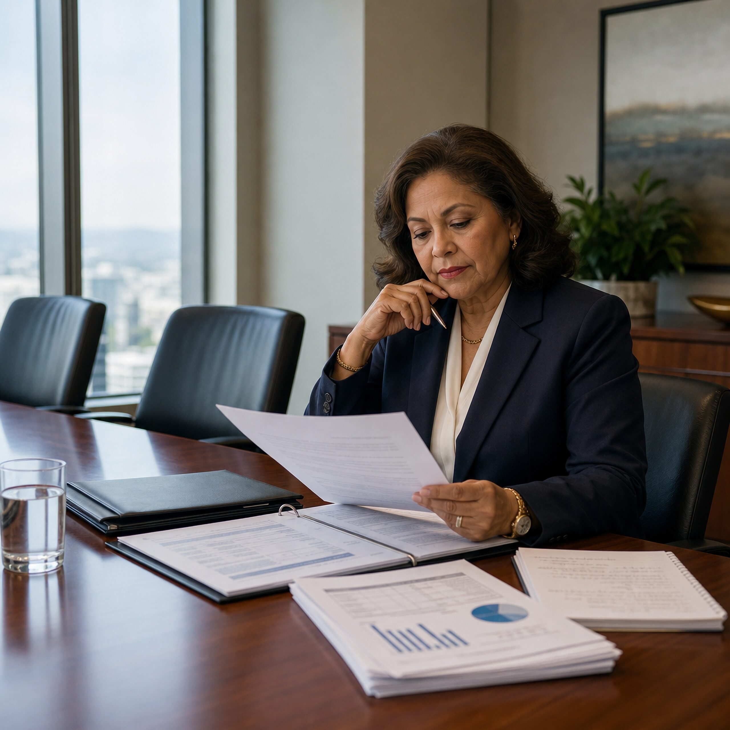 Executive reviewing documents during a quiet decision-making reflection.