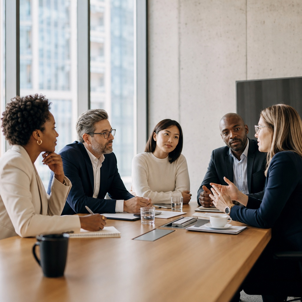 Leadership team listening to a colleague during a conference-room discussion.