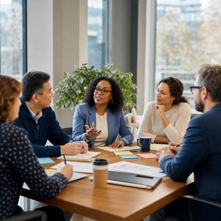 Leadership team discusses priorities and next steps together around a conference table.