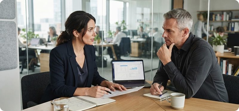 Two colleagues reviewing information together during a focused one-on-one workplace conversation.