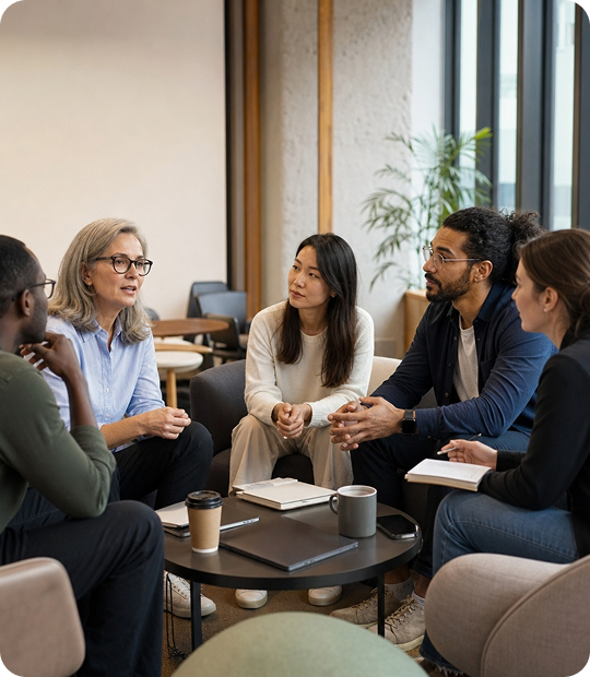 Leadership team in a workplace conversation, with one person speaking while colleagues listen.