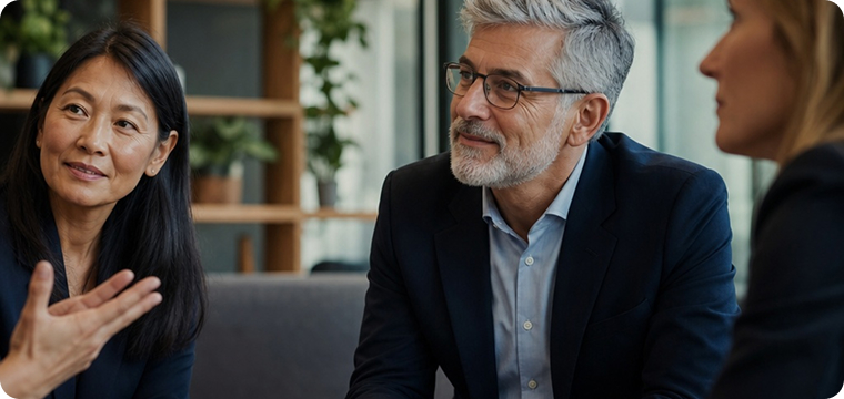 Team members in a candid workplace discussion, with one person speaking while colleagues listen.