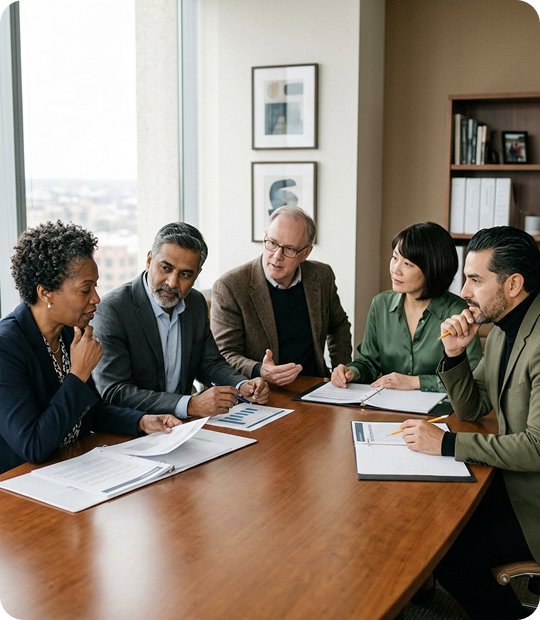 Executive leadership team in discussion around a conference table, considering shared priorities and decisions.