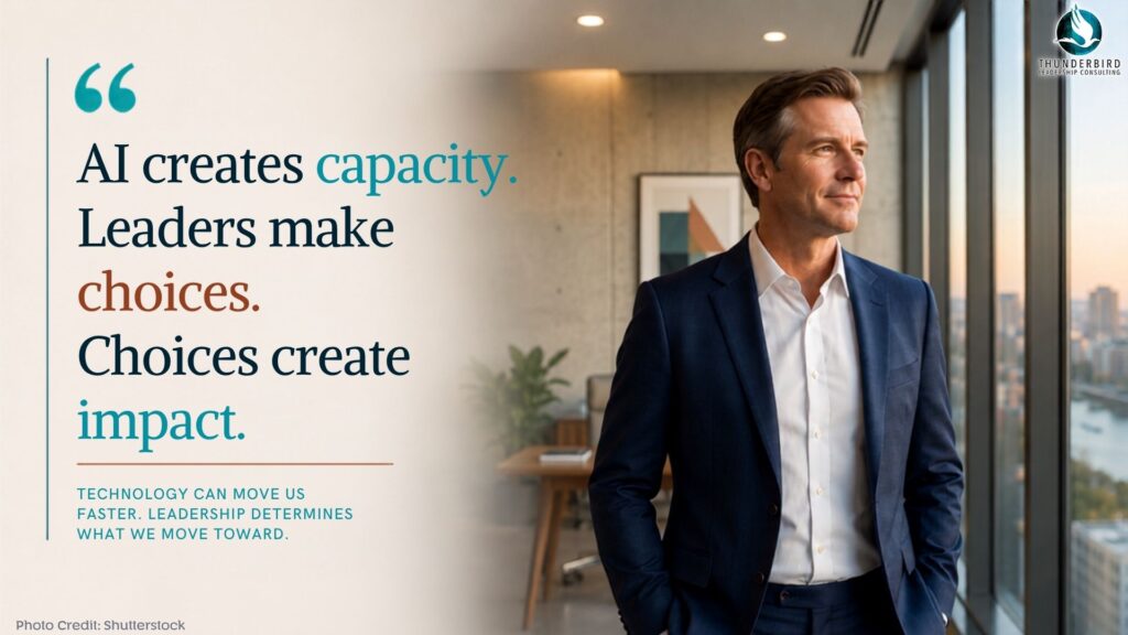 Male leader looking out of the window. Left side of the graphic has a quote that reads "AI creates capacity. Leaders make choices. Choices create impage." Then a line underneath with Technology can move us faster. Leadership determines what we move foward.