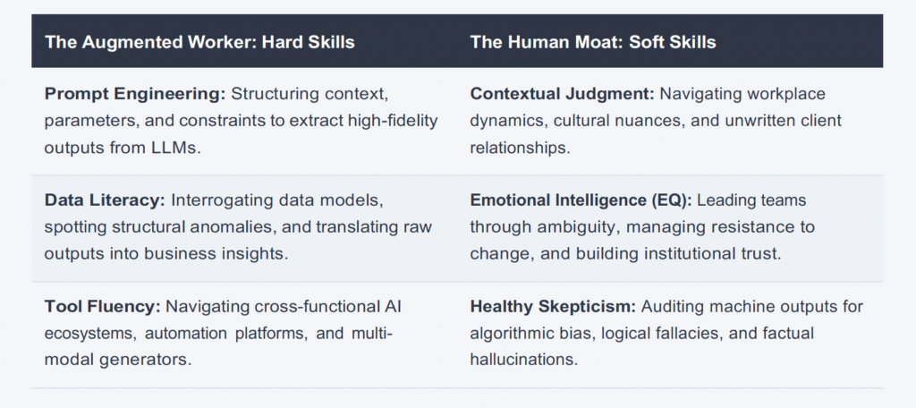 Chart comparing The Augmented Worker: Hard Skills vs
The Human Moat: Soft Skills