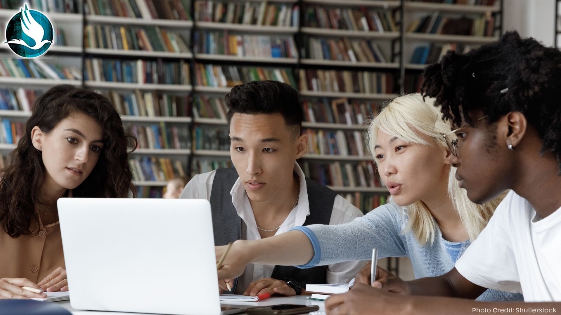 Group of higher educations students studying in a library
