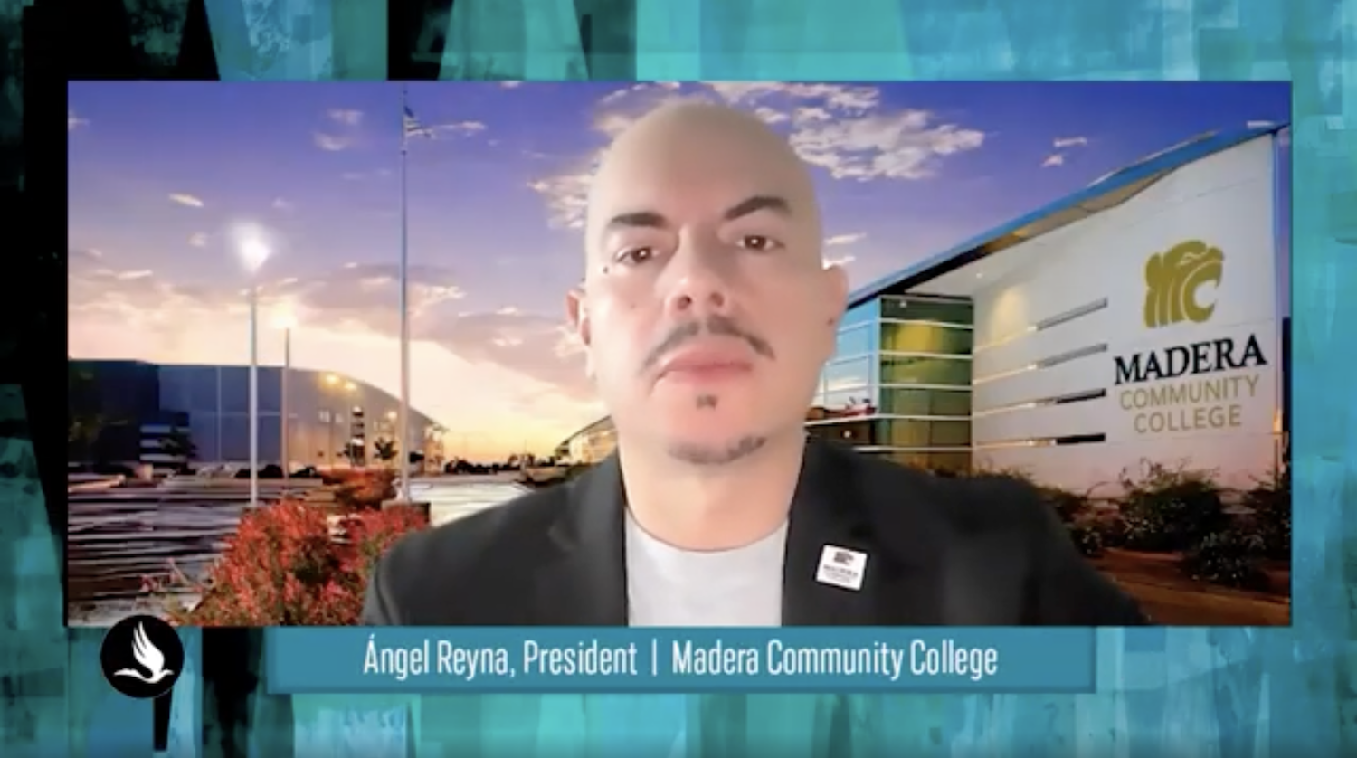 Photo of President Angel Reyna of Madera Community College speaking during a video.